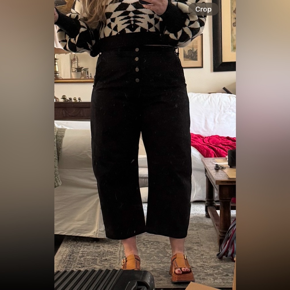 High-Waist Black Button Front Cropped Wide-Leg Pants
